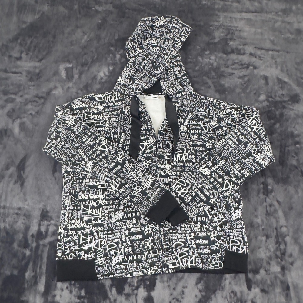 DKNY Sport Hoodie Womens‎ Large Black White Graffiti Logo Print Full Zip Fleece